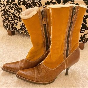 MIU MIU Brown Fur Leather Mid-calve Boot With Heel